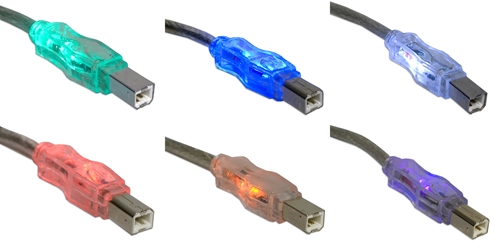 6ft USB 2.0 480Mbps Type A Male to B Male Translucent Illuminated/Lighted Cable with Multi-color LEDs CC2209C-06L 037229229905 Cable, USB 2.0 480Mbps Universal Serial Bus Type A Male to B Male Translucent Cable with Multi-color Changing LEDs, For Printer, Scanner, Camera, External Drive & PC/Hub, 6ft TH6559 CC2209C06L CC2209C-06L cables feet foot  2458 