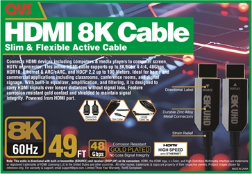 15-Meter Active HDMI UltraHD 8K/60Hz with Ethernet Cable HF8-15M 037229489958 Cable, Active HDMI 2.1, 48Gbps  ARC HDCP 2.3, 15-Meters 15-Meter 15Meter 15M 49.2ft 49.20ft HF15M HF8-15M cables meter 8K/60Hz 4:4:4, HDR10, Built-in equalizer/amplification for best signal quality, HEAC, Corrosion resistant gold contact, Shielded cable for signal integrity